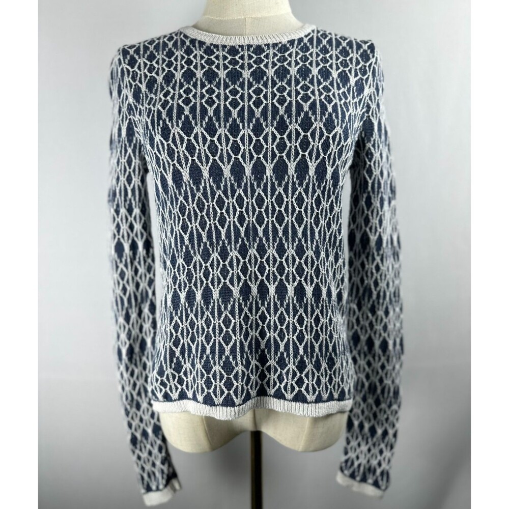 LOFT 100% Linen Knit Sweater Blue White Size S High-Low Hem‎ Coastal Boho Retro